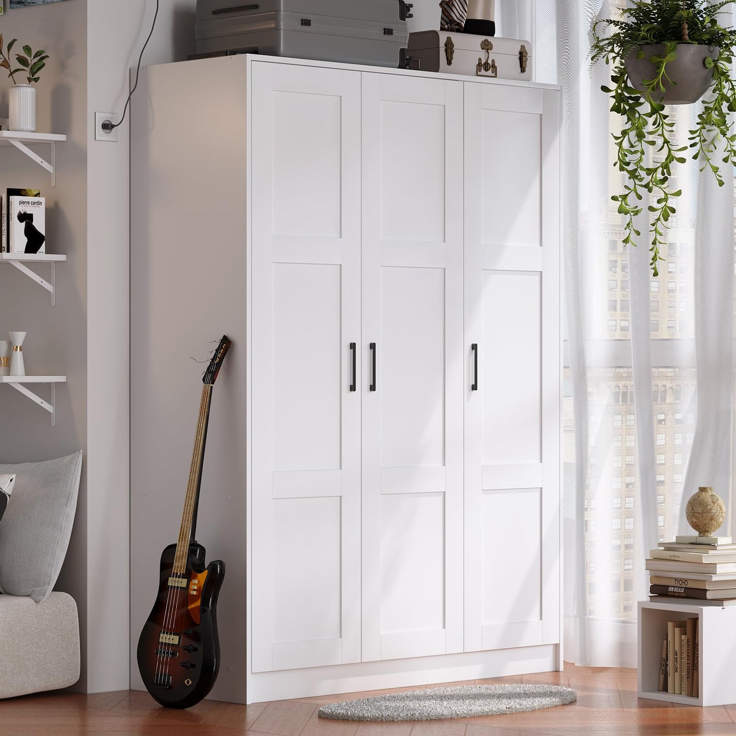 Fenghua Lizhi 3 Doors Wooden Wardrobe Closet Armoire, White Storage Cabinet for Hanging Clothes, Bedroom Large Capacity Freestanding Armoire,Wood Wardrobe Combination with Shelves