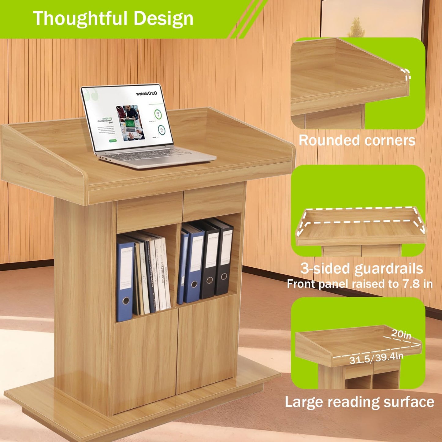 Wooden Podium Stand for Church Wooden Speaking Lectern with Drawers and 3 Levels of Storage Lecterns and Podiums Pulpit Stand for Churches Classroom Conference Room (Natural Wood Color, 39.4 * 20in)