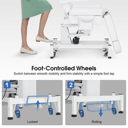 BarberPub Fully Electric Beauty Bed, 3-Motor Salon Spa Chair with Foot-Controlled Wheels, Adjustable Height, Backrest & Leg Rest – PVC Leather, Professional Facial & Treatment Table 2754 (White)