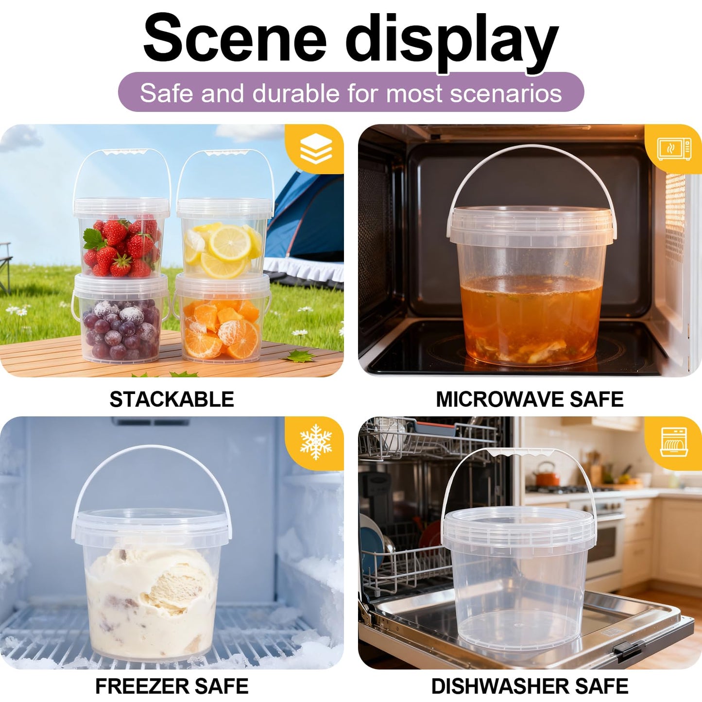 UMETASS 4 Pack 1 Gallon Food Grade Plastic Buckets with Screw Lids & Handle, Reusable Storage Containers for Snacks, Salad, Sauce - Clear Freezer Safe Bucket Set