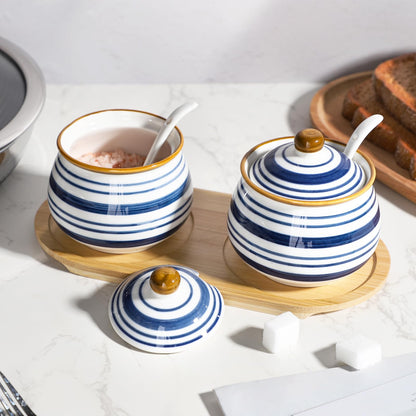 Sailench Sugar Bowl Set of 2,Ceramic Sugar Bowl with Lids and Spoon & Wooden Tray,Sugar Jars for Coffee Bars and Home Kitchens(2, Large)