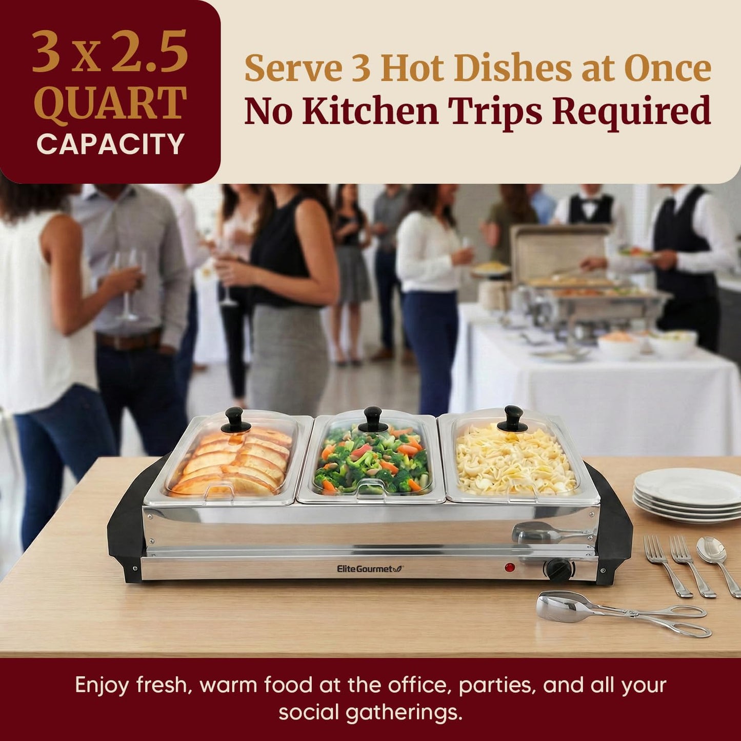 Elite Gourmet EWM-6171 Triple 3 x 2.5 Qt. Trays, Buffet Server, Food Warmer Temperature Control, Clear Slotted Lids, Perfect for Parties, Entertaining & Holidays, 7.5 Qt Total, Stainless Steel