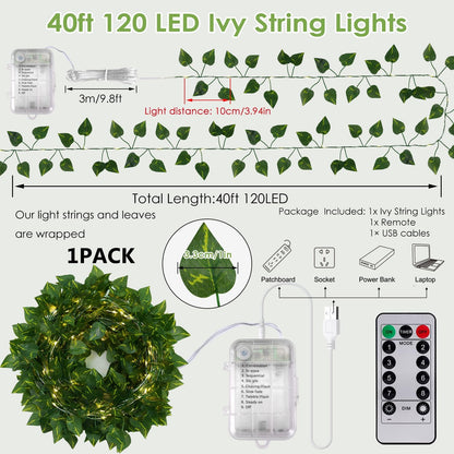 OMIKA 40FT Pothos String Lights - 120 LED Fairy Lights with Remote for Bedroom, Garden & Party Decor | Warm White