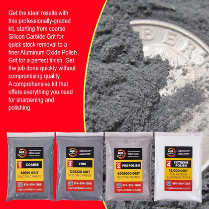 MJR Tumblers Rock Tumbler Grit Kit Refill for 15lb Tumblers, 4 Step Silicon Carbide & 12,000 Grit Aluminum Oxide Polish, Stone Polishing Kit for Rotary & Vibratory Rock Tumblers