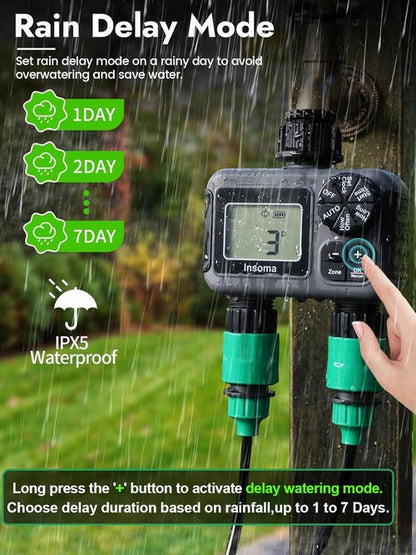 Insoma 2-Zone Sprinkler Timer - Programmable Garden Hose Timer with Auto/Rain Delay | Waterproof & Easy Setup for Efficient Lawn Irrigation