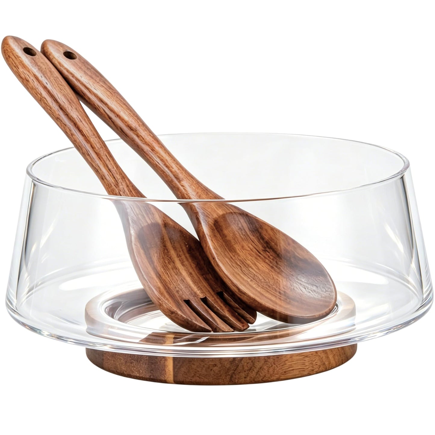 muso wood Salad Bowl Set Large-capacity Glass Salad Bowl with Acacia Wood Base and Salad Spoon-fork Perfect for Family Gatherings and Dinner Parties Mix Effortlessly