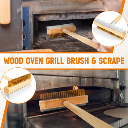Reallnaive 2 Pack 37 Inch Wood Handle Pizza Oven Brush with Scraper Outdoor Pizza Oven Cleaning Brush Tool, Aluminum Threaded Tip, Brass Bristles with Steel Scraper