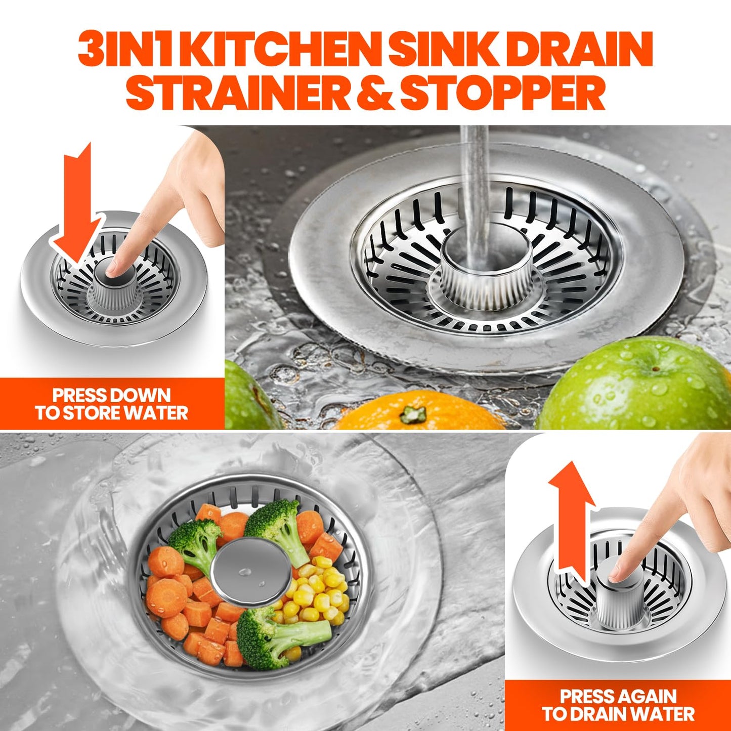 Kitchen Sink Drain Strainer & Sink Stopper, Upgraded 3 in 1 Stainless Steel Drain Plug Combo with Anti-Clog Basket, Pop Up Drain Cover for Standard 3-1/2'', Fits Double Bowl Kitchen Sinks