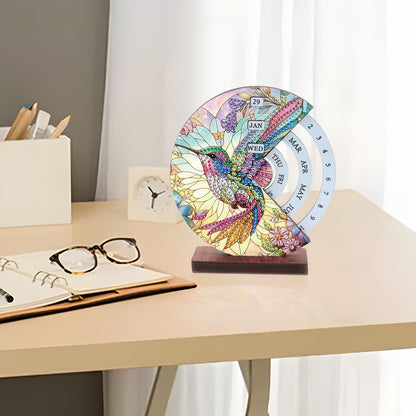 MVVMTOP Diamond Painting Wooden Rotating Calendar Kit, Hummingbird Design Special Shape Diamond Art Handicraft Kit, Rotating Day Month Week and Reusable Calendars, Ideal for Desk Decor & Gift