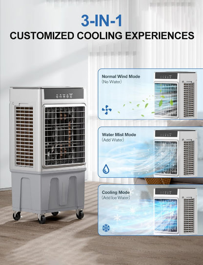 Large Swamp Cooler Air Conditioner, 2200CFM Evaporative Air Cooler, 24H Timer & 8 Gal Water Tank, 100°Oscillation, 3 Speeds&4 Ice Boxes,Remote, Portable Cooling Fan for Garage Outdoor, Extra Large