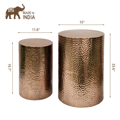 MyGift Set of 2 Modern Hammered Metal Bronze Round End Tables, Home Accent Side Tables for Living Room or Bedroom
