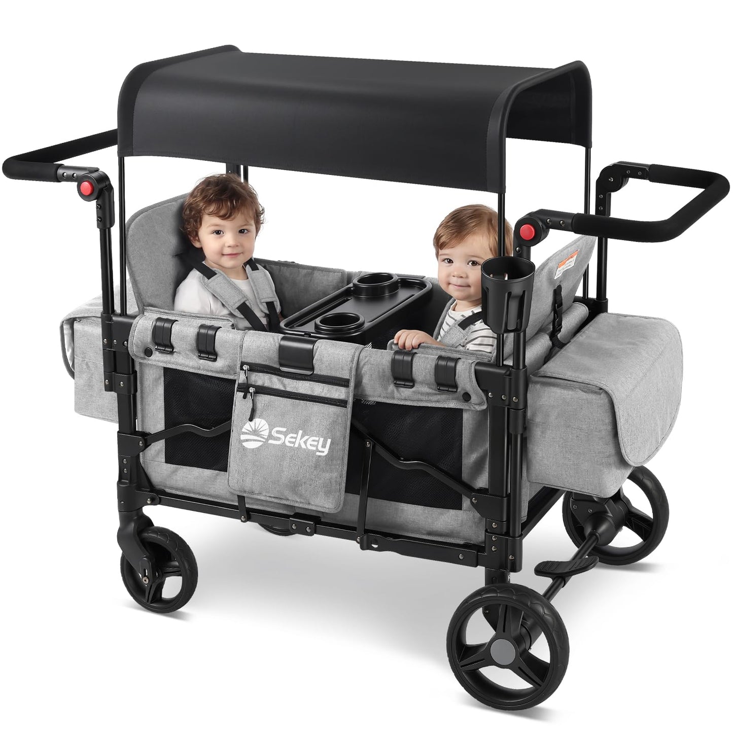 Sekey Wagon Stroller for 2 Kids, Luxury 4-in-1 Stroller Wagon - Premium Quality with Convertible Seats, Adjustable Push Handles, Removable Canopy, Snack Tray & Cooler, US Certified.