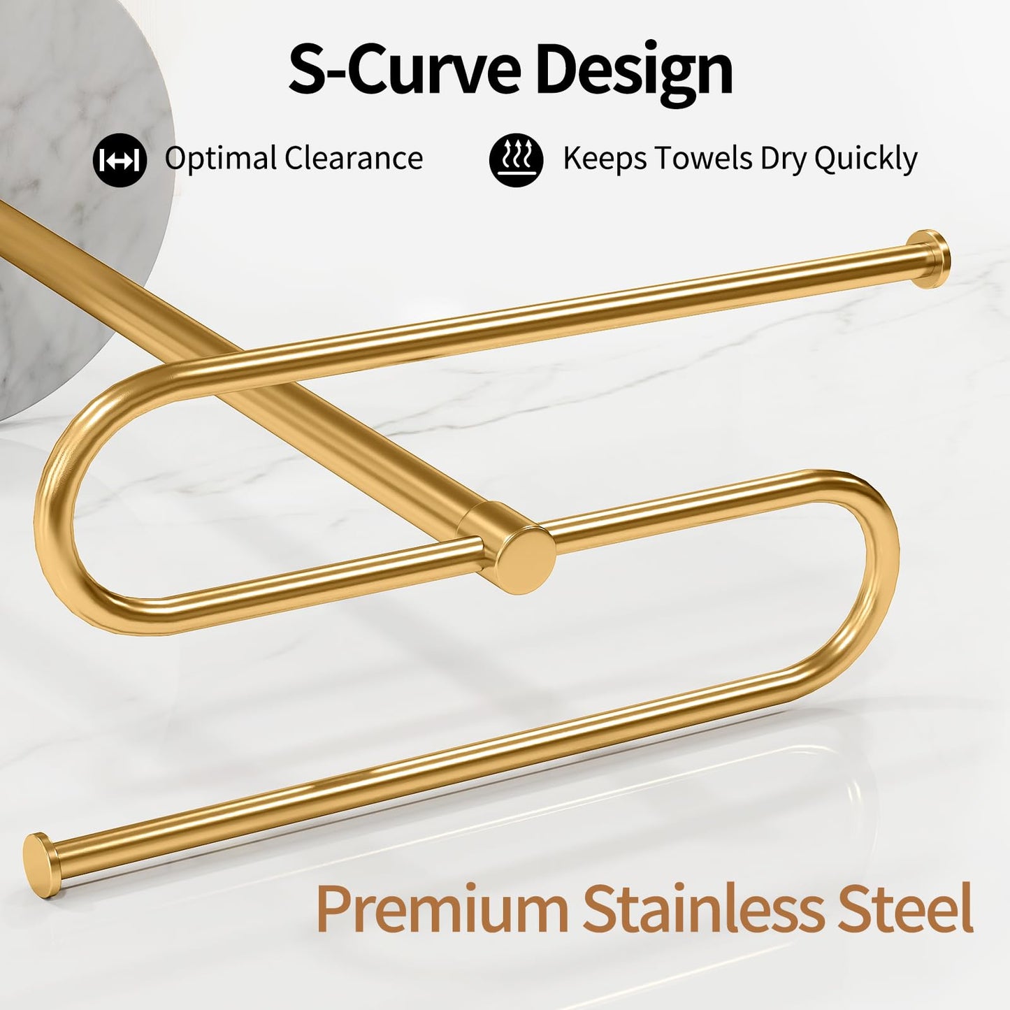 STWWO Countertop Towel Stand Free Standing with Marble Base, S-Shape Hand Towel Stand for Bathroom Stainless Steel Rust-Proof, Hand Towel Holder Standing for Kitchen Vanity Countertop (Gold)