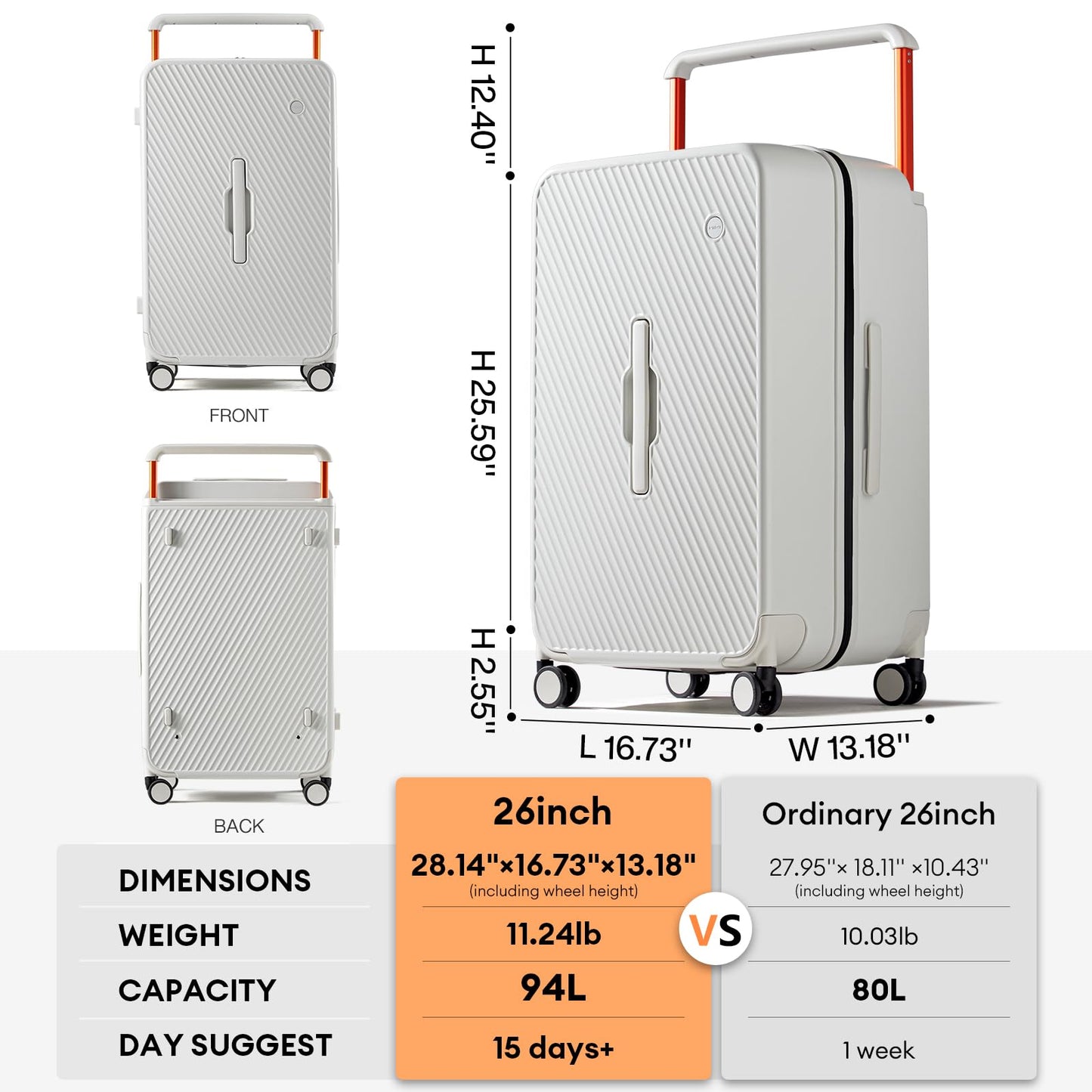 mixi 26 Inch Large Checked Luggage Suitcase with Spinner Wheels Upgrade Wide Handle PC Hard Shell Rolling Travel Suitcase with TSA Lock, Smoke White