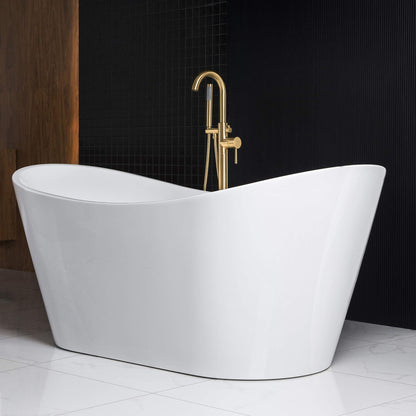 WOODBRIDGE 67" Acrylic Freestanding Bathtub Contemporary Soaking White Tub with Brushed Gold Overflow and Drain，BTA1515-BG-Drain&O
