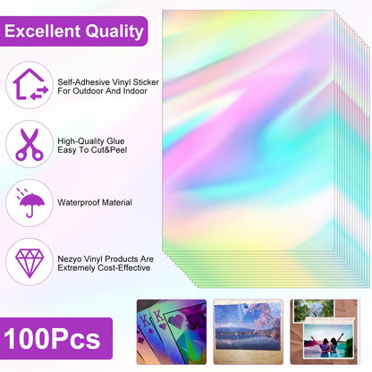 Kifmurase 100 Sheets Holographic Sticker Paper, Holographic Clear Vinyl Laminate Film, Transparent Overlay Lamination Sticker, Self-Adhesive Waterproof Rainbow Laminating Sheets with A4 Size