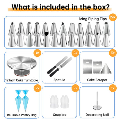 Cake Decorating Kit 35 Pieces - 24 Piping Tips Set with 12 Inch Turntable, Reusable Pastry Bag, Icing Spatula, Scraper, Couplers - Baking Tools for Beginners, Professional Cake Decorating Supplies