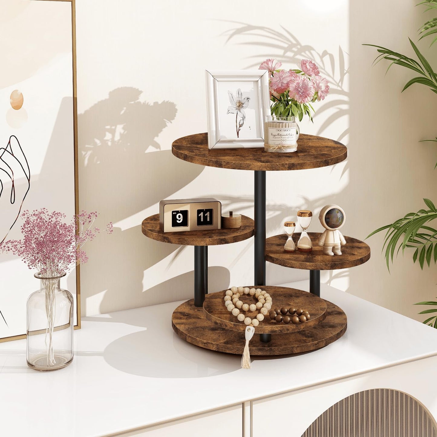 ELITEROO 4 Tier Round Cupcake Tower Stand for 50 Cupcakes, 360° Rotating Wood Cake Stand with Tiered Trays, Farmhouse Cookie Stand for Dessert Table Display for Wedding Birthday Baby Shower Tea Party