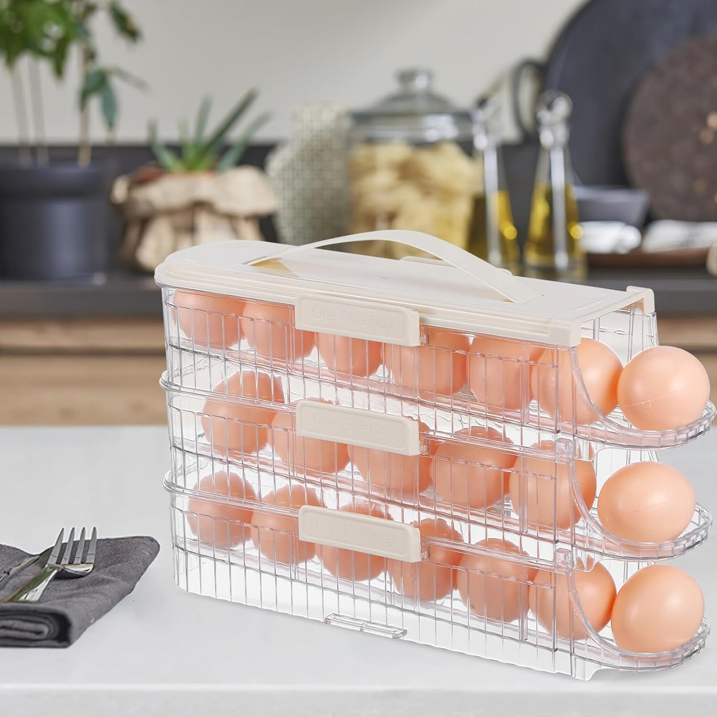 HEMOTON Rolling Egg Holder for Refrigerator - 3 Tiers Automatic Egg Dispenser Organizer for Fridge, 21 Count