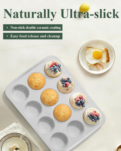 Ymiton Nonstick Ceramic 12 Cup Muffin Pan, Cupcake Pan for Baking, Non-Toxic Muffin tin, Ceramic Coating, PTFE & PFOA Free, Oven Safe 550°F, Aluminized Steel (Yellow)