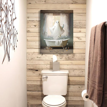 Funny Ghost Bathroom Canvas Wall Art - White Ghost Picture for Farmhouse Bathroom Decor, Framed 12"x16"
