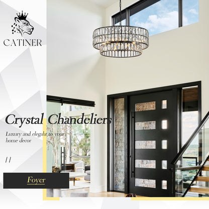 CATINER 24'' Black Crystal Chandeliers Luxury 8-Lights Pendant Chandelier Drum Semi Flush Mount Ceiling Lights for Living Room Dining Room Foyer Bedroom Kitchen