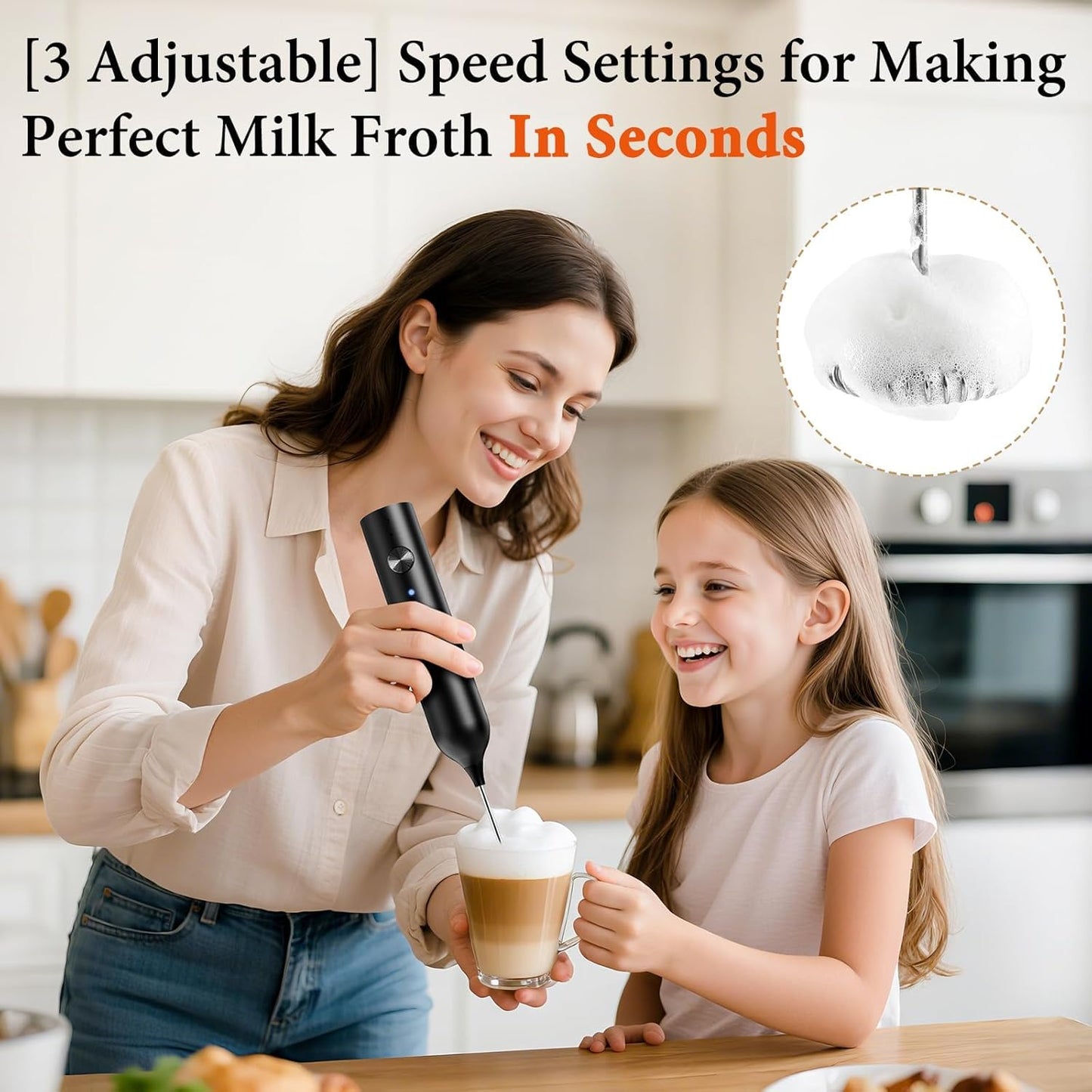 Rechargeable Milk Frother Handheld with 3 Whisk and Stand, 3 Speed Frother Wand Mixer, Dual Spring Whisk Coffee Frother for Matcha, Lattes, Cappuccino, Frappe Drink, Hot Chocolate