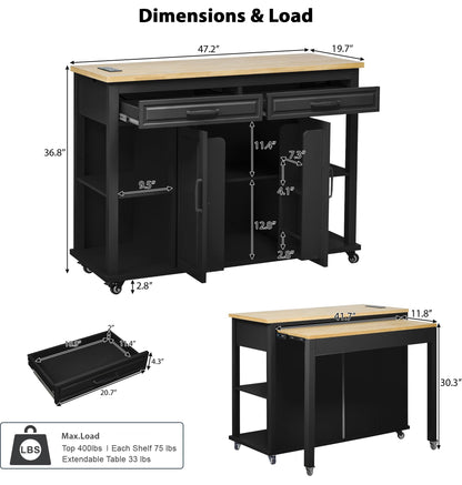 Ball & Cast Kitchen Island with Extendable Dining Table,Rubber Wood Veneer Kitchen Table with Internal Storage Rack,Power Outlet & USB Ports,Kitchen Cart On Wheels W/ 2 Drawers & 2 Cabinets,Black,47"
