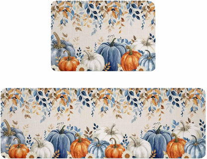 Blue Pumpkins Fall Kitchen Rugs and Mats Set, Thanksgiving Non-Slip Bathroom Rug with Eucalyptus Leaves Botanical