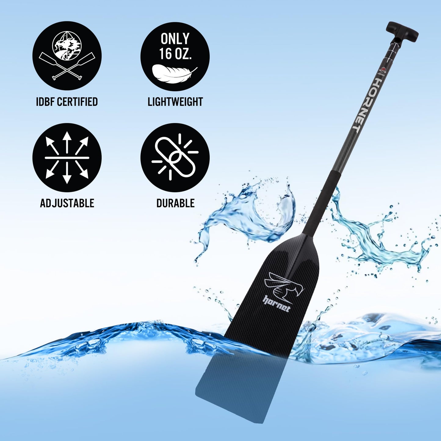 Hornet Watersports Dragon Boat Paddle - Black Glossy- Adjustable Carbon Fiber Dragon Boat Paddle - IDBF Approved - Dragon Boat Accessories (Leverlock Adjustable)