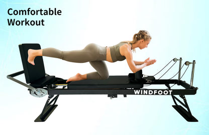 WINDFOOT Pilates Reformer Machine Equipment with 4X22LB Springs & 5X11LB Cords for Home Workout, Foldable Pilates Equipment with Jump Board for All Level Users (Black)
