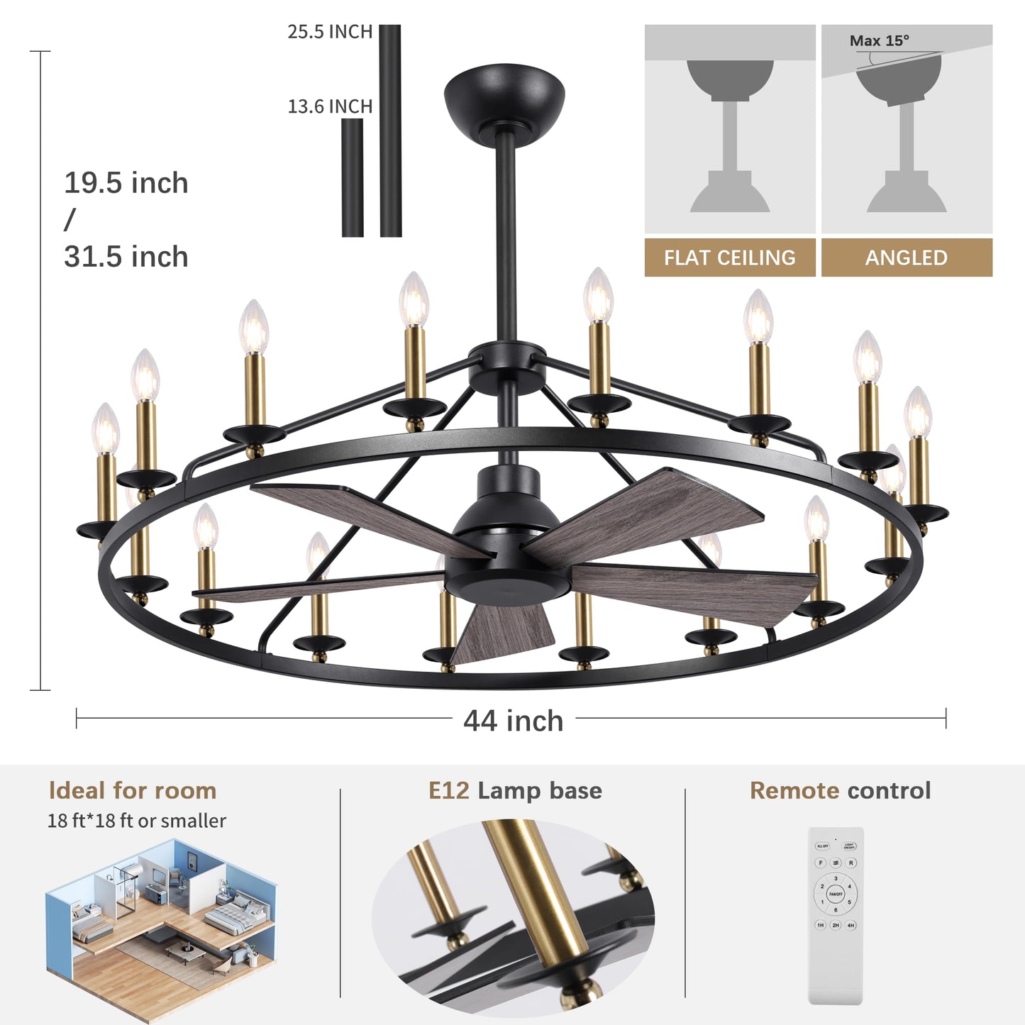 44" Wagon Wheel Chandelier with Fans, Black and Gold Wagon Wheel Ceiling Fan with 16-Light and Remote, Farmhouse Chandelier for Living Room, Adjustable Height, 6-Speed Reversible Quiet Large Fandelier