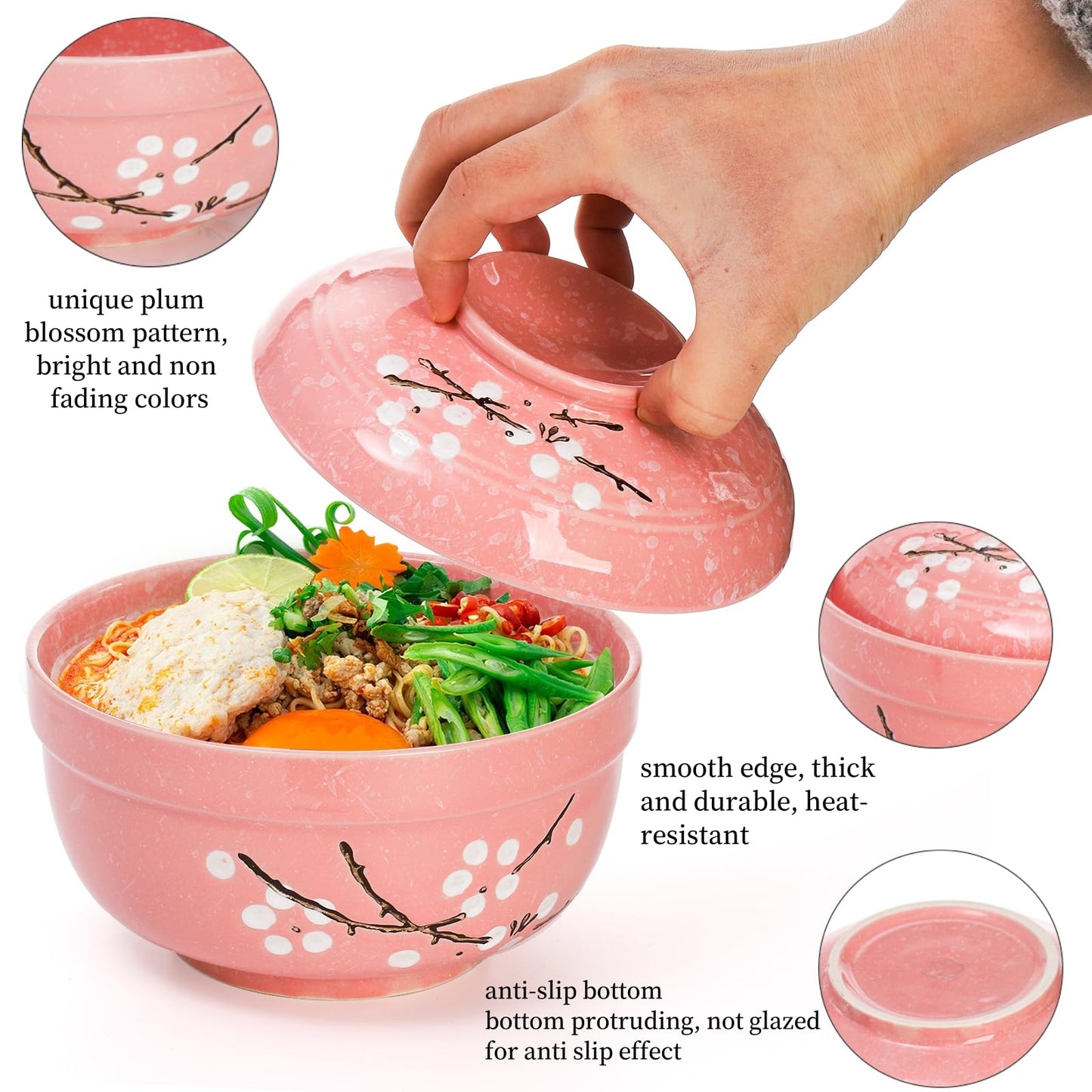 Goaste 2 Pack Ceramic Ramen Noodle Bowl, 27 OZ Big Ramen Bowl with Lid, Japanese Hand-Painted Ceramic Tableware, Durable Floral Soup Bowl for Noodles, Porridge, Rice, Dishwasher Safe(Pink, Cyan Blue)