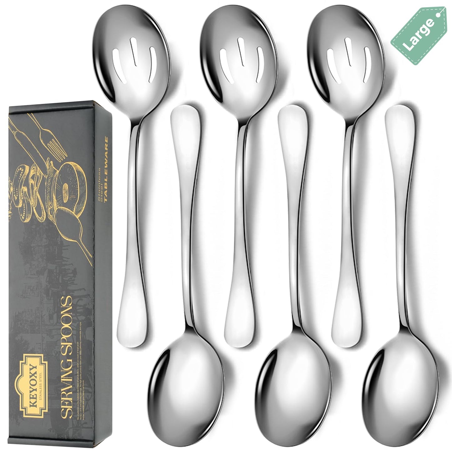Keyoxy Stainless Steel Serving Spoons Set, 6pc, 10-Inch, Includes 3 Large, 3 Slotted, for Parties/Kitchen/Buffet/Catering, Dishwasher Safe