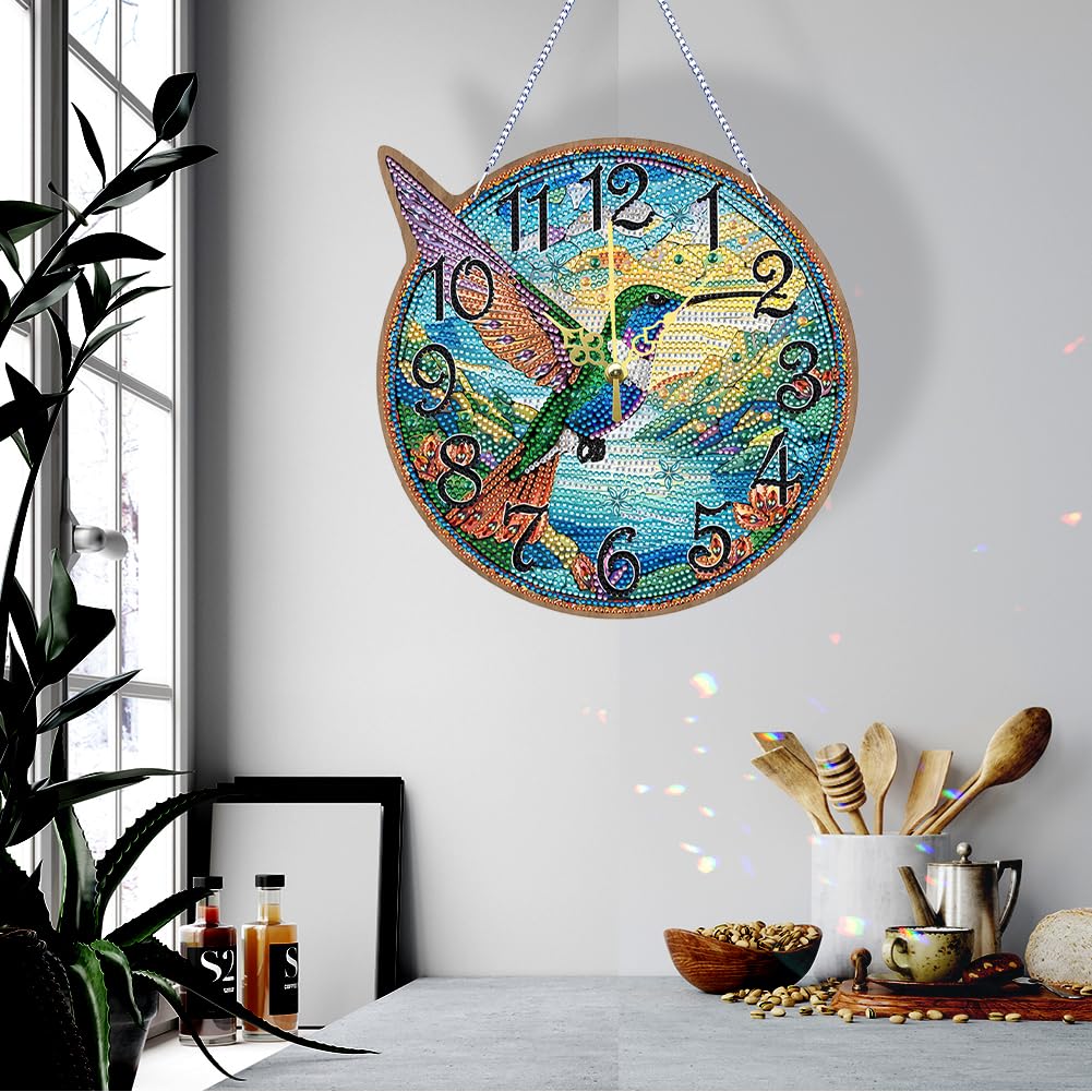 Hummingbird Diamond Art Hanging Wall Clock, Kits for Adult, Diamond Art Painting Hanging Kits Ornaments, DIY Special Shaped Rhinestone Window Pendants kit for Home Garden Wall Decor Gift