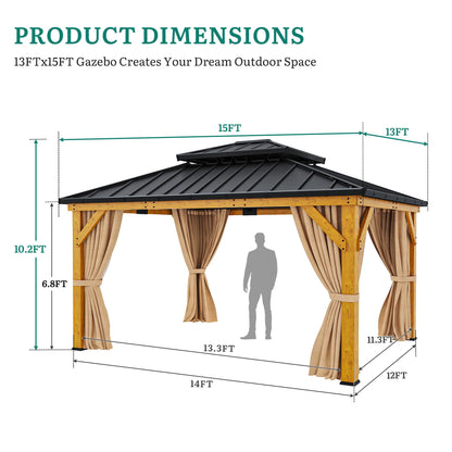 YITAHOME 13x15ft Wood Gazebo Outdoor Wooden Frame Double Roof Hardtop Galvanized Steel Top Canopy w/Curtain and Netting, Patio Heavy Duty Gazebo for Deck, Backyard, Golden