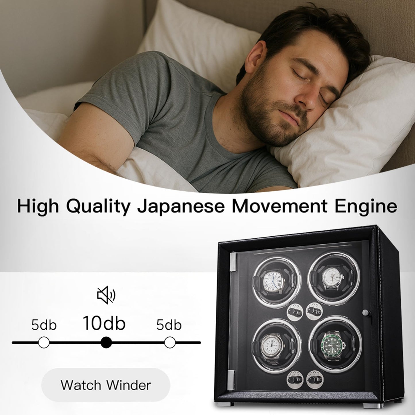 KOHUDIS Watch Winder for 2/4/6/9 Automatic Watches, high-end Leather Making, Super Quiet Mabuchi Motor, Two Power Modes, Built-in led Lights (Black, 4 Slots)
