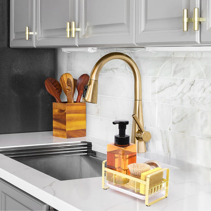 HULISEN Kitchen Sink Sponge Holder, 304 Stainless Steel Kitchen Soap Dispenser Organizer, Countertop Drainer with Removable Tray, not Including Dispenser and Brush, Gold