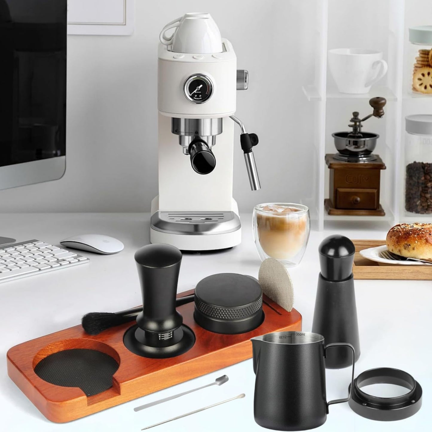 Midochin 10PCS Espresso Accessories Kit - 51mm Coffee Tamper Set, Wood espresso tamping station,Frothing Pitcher, WDT Tool, puck screen, spoon, Latte Art Pen, brush,puck screen, and coffee distributor