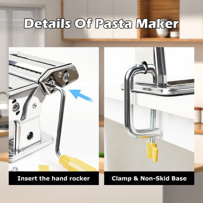 Pasta Maker Machine With 7 Adjustable Thickness Settings, Stainless Steel Manual Noodle Maker,Pasta Roller& Cutters With Removable Handle and Clamp For Kitchen