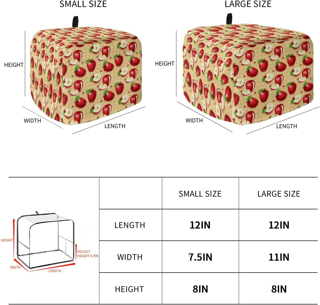 Toaster Dust Cover with Pockets, Red Sliced Apples & Green Leaves, Soft Washable 4 Slice Cover for Fingerprint