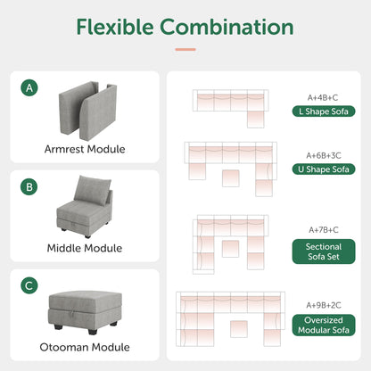 HONBAY Modular Sectional Sofa U Shaped Sectional Modular Sofa with Storage Convertible Sectional Couch for Living Room, Grey