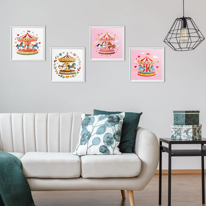 ERKOON 4 Set Embroidery Kit for Beginners, Cross Stitch Set Include Embroidery Cloth Hoops Threads for Craft Lover Hand Stitch with Embroidery Skill Techniques (Carousel)