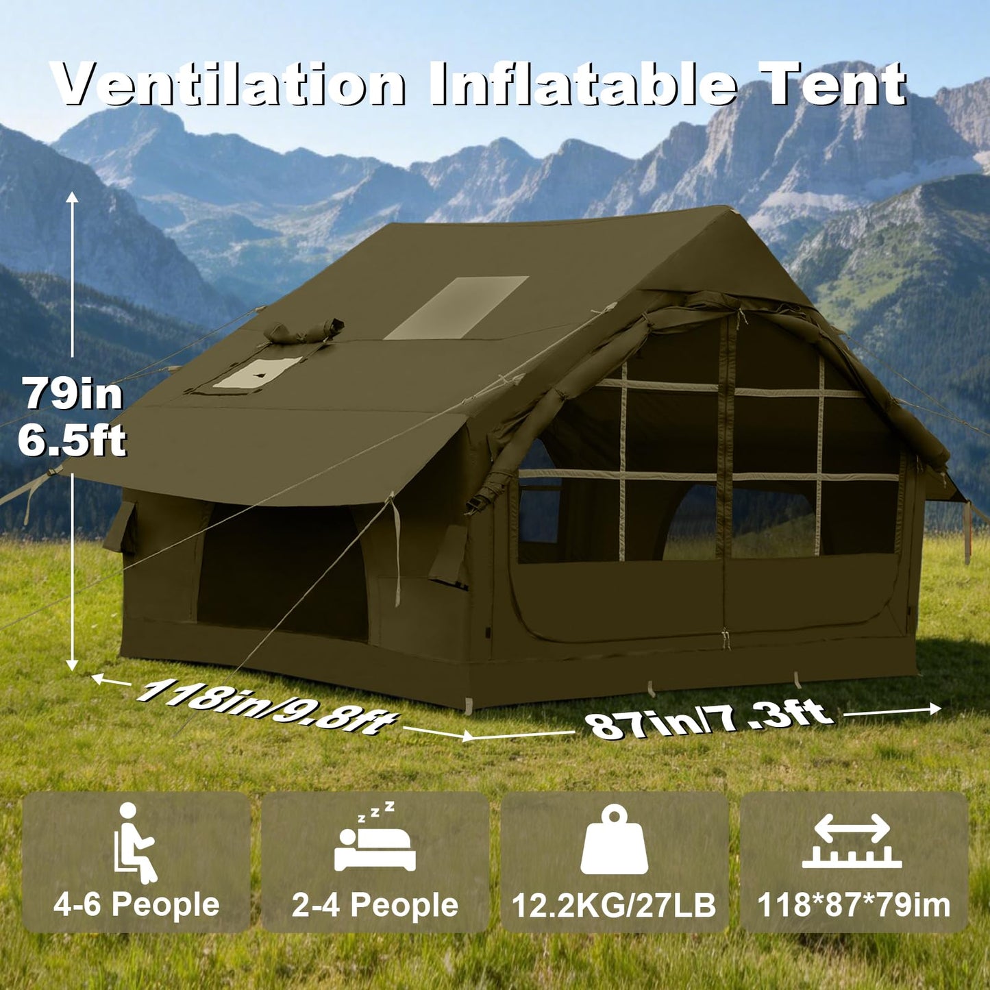 4-6 Person Inflatable Tent for Camping with Stove Jack, Hand Air Pump Easy Setup Blow Up Tents for 4 Seasons Waterproof Inflatable Air House Tent for Outdoor Adult