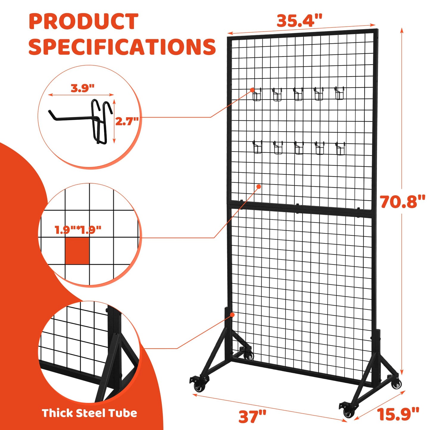 2 Packs 3' x 6' Grid Wall Panels Display Stand with Wheels, Heavy Duty Wire Grid Wall Rack for Retail, Craft Fairs & Art Shows, Mobile Floor Standing Fixture with 20 Hooks, Black
