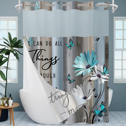 AZHM No Hooks Shower Curtain with Snap in Liner Rustic Teal Daisy Flower Inspirational Quotes Curtain for Bathroom Decor See Through Top Window Double Layers, 71x74 inches