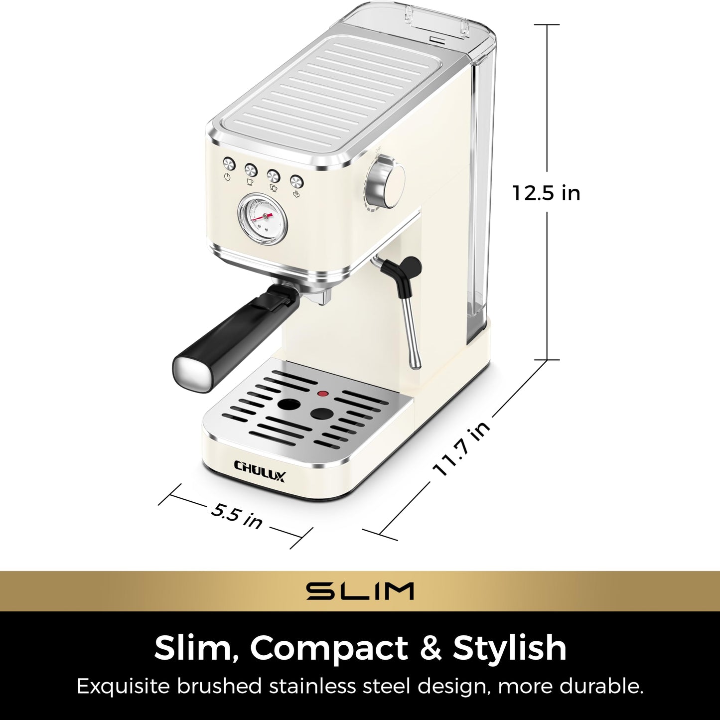 CHULUX Slim Espresso Machine with Milk Frother, 20 Bar Professional Italian Pump Espresso Coffee Machine for Home Cappuccino & Latte Maker, Stainless Steel, Creamy