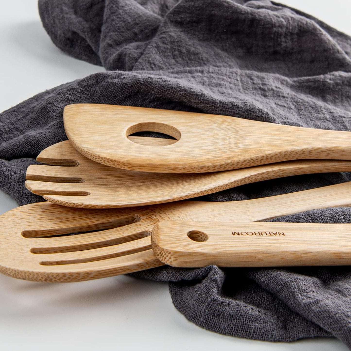 Kitchen Utensils Set of 8 PCS, 12 Inches Bamboo Wooden Cooking Spoon & Spatula Tools for Non-Stick Cookware (Bamboo)