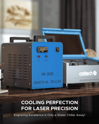 OMTECH 9L Industrial Water Chiller 2.6gpm CW-3000 Water Cooler for 40W K40 CO2 Laser Engraving & Cutting Machines, Water Cooling System Radiates 50W of Heat per Degree C