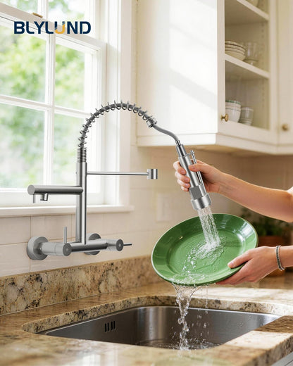 BLYLUND Wall Mount Kitchen Faucet with Pull Down Sprayer, Stainless Steel 8 Inch Center Commercial Sink Faucets 2 Handle Utility Sink Tap High Arch for Kitchen Laundry Restaurant, Brushed Nickel
